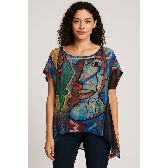 New! Radzoli Abstract Artsy Face Sheer Layering Top Shark Bite Hem Boho, M - Picture 1 of 7